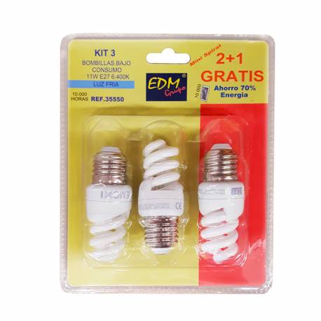 Pack 3 bombillas bajo consumo micro espiral e-27 11 w luz fria 6400k edm