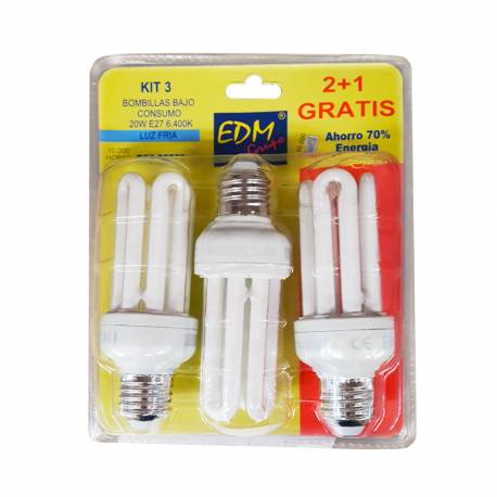 Pack 3 bombillas bajo consumo mini e-27 20 w luz fria 6400k edm