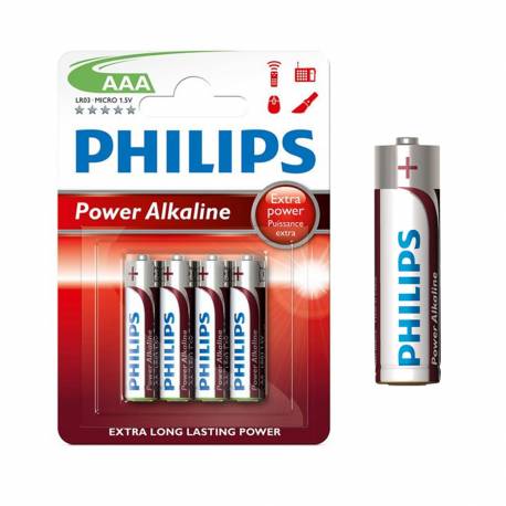Pila alkalina philips aaa - lr03 1,5v (blister 4 unid)  ø10,5x44,5mm